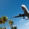 Airliner landing and passing over palm trees