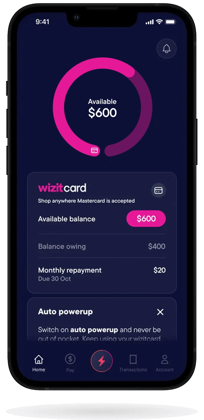 Wizitcard app showing available balance